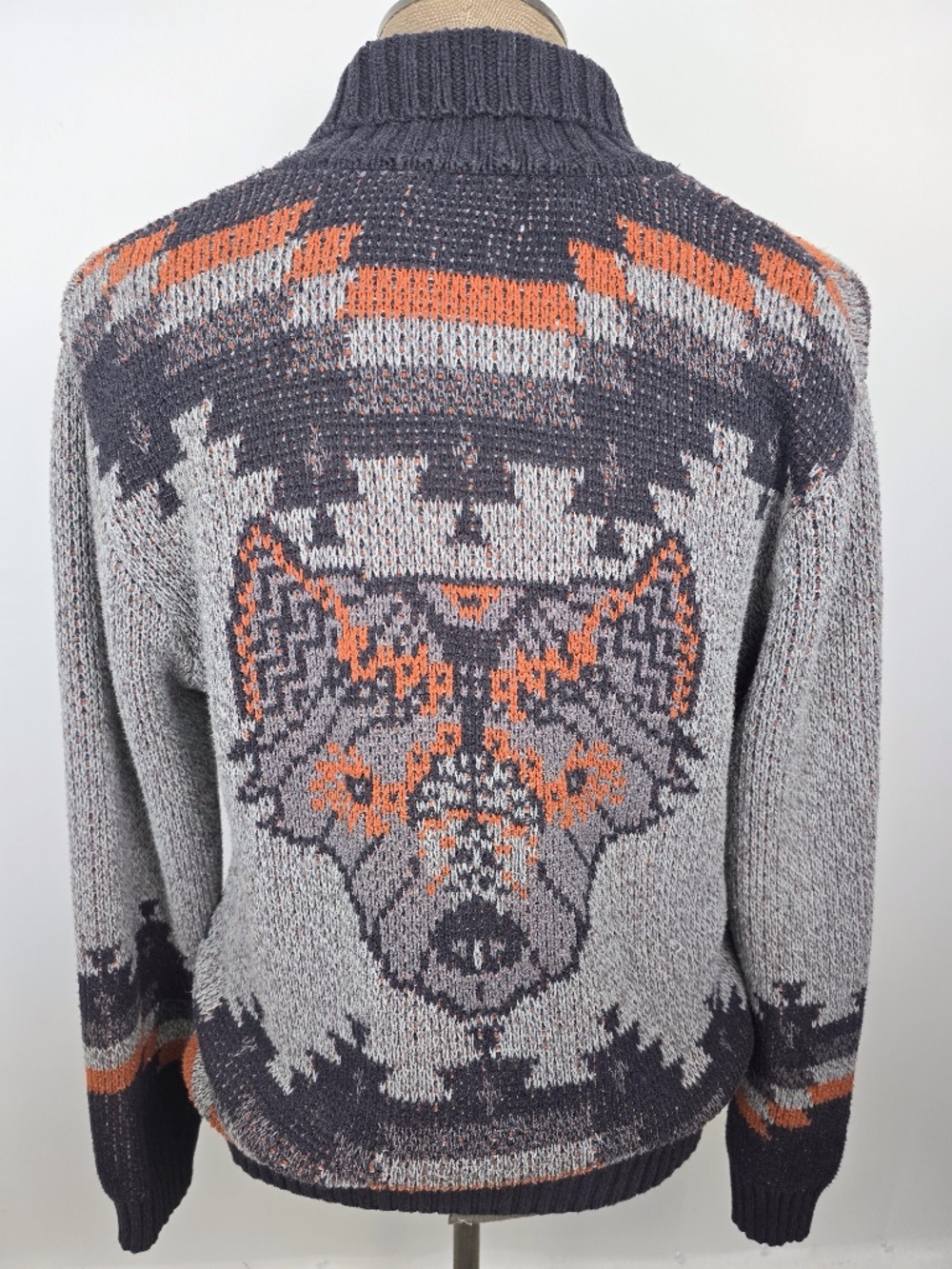 Urban Outfitters Aztec Wolf Knit Cardigan Sweater Grey Orange Men’s M